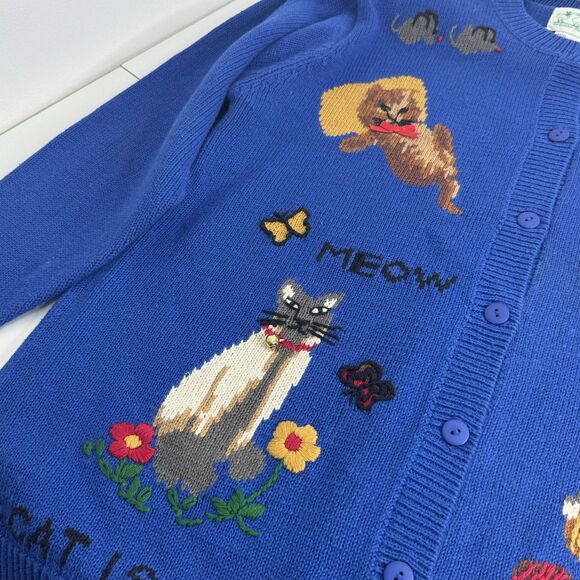 Vtg Quacker Factory, A Cat Is A Cat Cardigan Knit Sweater M Button Bell - Picture 9 of 12